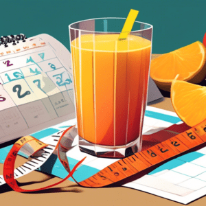 A glass of freshly squeezed juice with measuring tape wrapped around it and a calendar page for 28 days with marked dates.