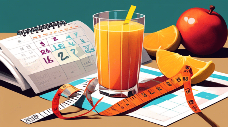 A glass of freshly squeezed juice with measuring tape wrapped around it and a calendar page for 28 days with marked dates.