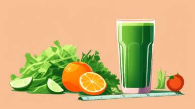 A glass of freshly squeezed green juice with vegetables and measuring tape around it.