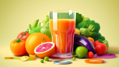 A glass of freshly squeezed juice with vegetables and fruits surrounding it and a measuring tape draped around it