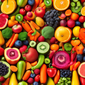 A vibrant collage of colorful fruits and vegetables, arranged to form the number 52