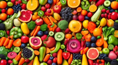 A vibrant collage of colorful fruits and vegetables, arranged to form the number 52