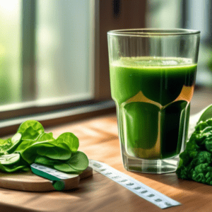 A glass of green juice with spinach, kale, and cucumber next to a measuring tape, on a wooden table, with soft window light.