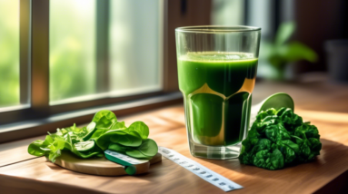 A glass of green juice with spinach, kale, and cucumber next to a measuring tape, on a wooden table, with soft window light.
