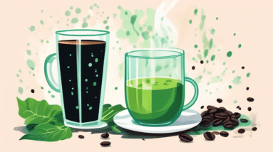 A glass of green juice next to a steaming cup of black coffee, with leafy greens and coffee beans scattered around.