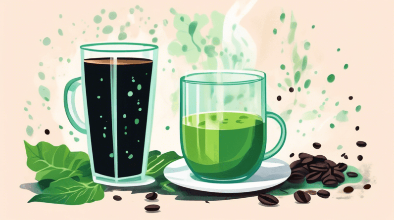 A glass of green juice next to a steaming cup of black coffee, with leafy greens and coffee beans scattered around.