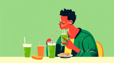 A person with a pained expression holding a glass of green juice, with a plate of greasy fast food just out of reach.