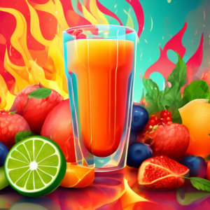 A glass of freshly squeezed juice with fruits and vegetables around it, with flames superimposed over the glass