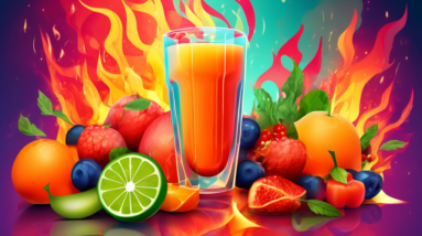 A glass of freshly squeezed juice with fruits and vegetables around it, with flames superimposed over the glass