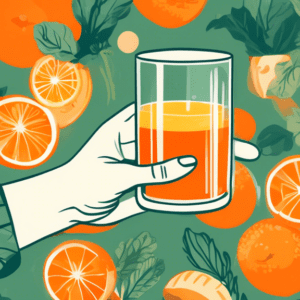 A hand holding a glass full of freshly squeezed orange juice with oranges, kale, apples, and carrots in the background.