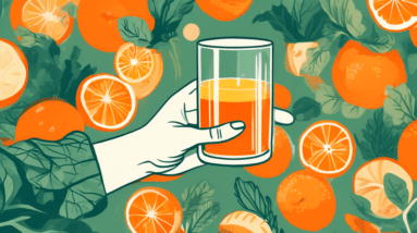 A hand holding a glass full of freshly squeezed orange juice with oranges, kale, apples, and carrots in the background.