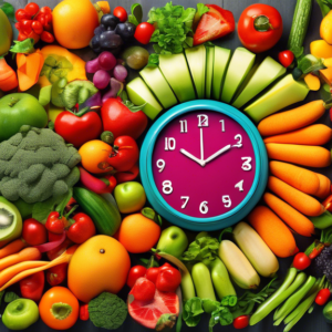 A vibrant collage of fresh fruits and vegetables arranged in the shape of a clock