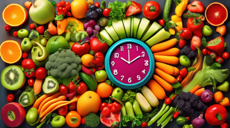 A vibrant collage of fresh fruits and vegetables arranged in the shape of a clock