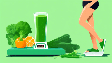 A glass of freshly squeezed green juice next to a measuring tape and a pile of green vegetables, with a person's feet standing on a scale in the background.