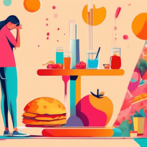 A person standing on a scale looking sad with a glass of juice next to them and unhealthy food surrounding them