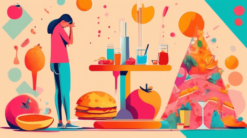 A person standing on a scale looking sad with a glass of juice next to them and unhealthy food surrounding them