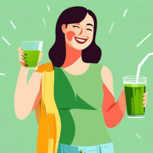 A person holding a glass of green juice with measuring tape around their waist smiling