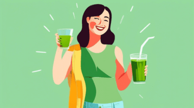 A person holding a glass of green juice with measuring tape around their waist smiling