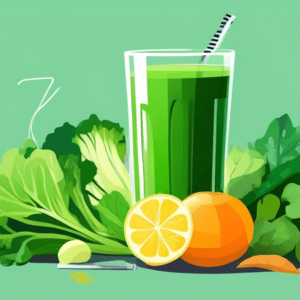 A glass of freshly squeezed green juice with leafy greens and vegetables around it, with a measuring tape draped around it.