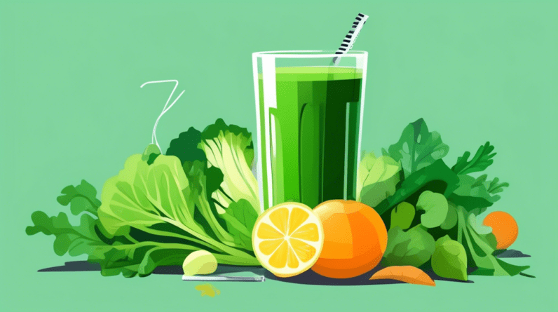 A glass of freshly squeezed green juice with leafy greens and vegetables around it, with a measuring tape draped around it.