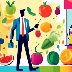 A vibrant and colorful assortment of fruits, vegetables, a blender, and a glass of smoothie, with a person in business attire quickly walking by in the background.