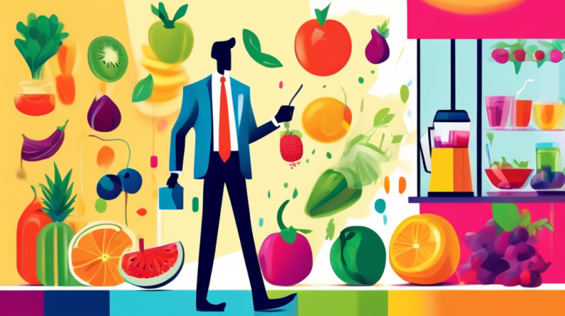 A vibrant and colorful assortment of fruits, vegetables, a blender, and a glass of smoothie, with a person in business attire quickly walking by in the background.