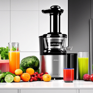 A sleek, modern kitchen with a stainless steel AMZCHEF ZM1517 juicer on the counter, surrounded by fresh fruits, vegetables, and a glass of vibrant juice.