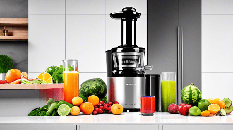 A sleek, modern kitchen with a stainless steel AMZCHEF ZM1517 juicer on the counter, surrounded by fresh fruits, vegetables, and a glass of vibrant juice.