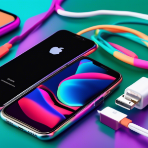 A sleek iPhone 15 charging on a colorful Nimble USB-C cable with other vibrant cables in the background.