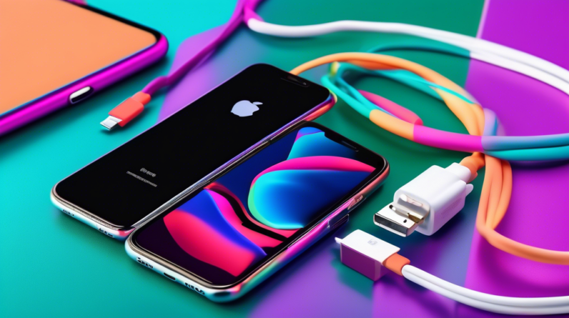 A sleek iPhone 15 charging on a colorful Nimble USB-C cable with other vibrant cables in the background.