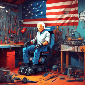 A robotic Joe Biden getting tuned up by a mechanic in a garage, tools scattered around, an American flag backdrop.