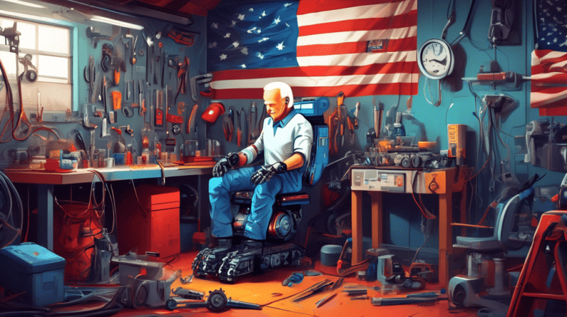 A robotic Joe Biden getting tuned up by a mechanic in a garage, tools scattered around, an American flag backdrop.