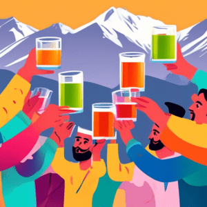 A group of people celebrate holding colorful fruit juice in glasses in front of the Chitral mountains.