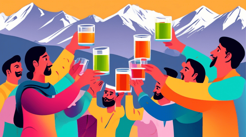 A group of people celebrate holding colorful fruit juice in glasses in front of the Chitral mountains.