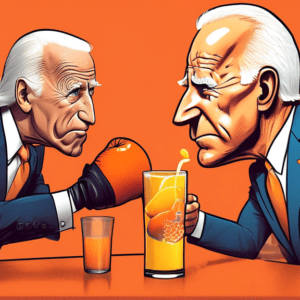 A muscular cartoon Joe Biden wearing boxing gloves and a No Juicing Joe t-shirt, facing off against a frail elderly man in a suit holding a glass of orange juice, with a concerned donkey mascot in the