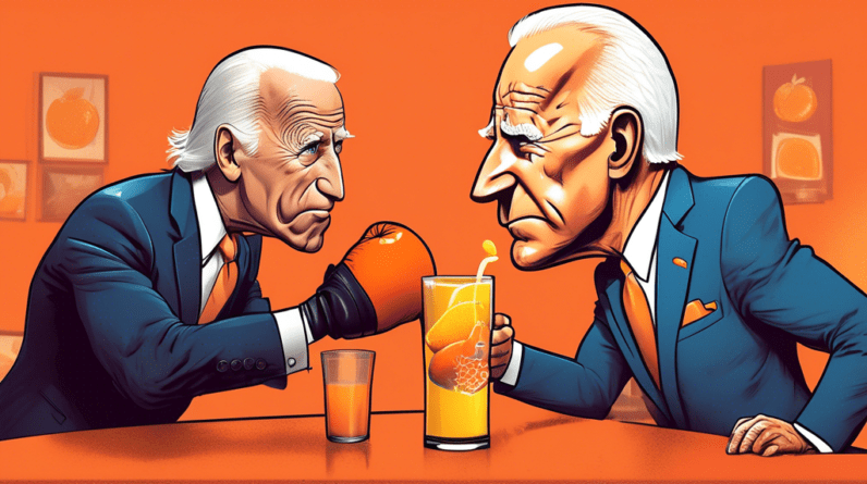 A muscular cartoon Joe Biden wearing boxing gloves and a No Juicing Joe t-shirt, facing off against a frail elderly man in a suit holding a glass of orange juice, with a concerned donkey mascot in the