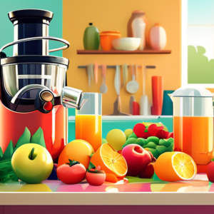 A shiny new whole fruit juicer overflowing with fresh, colorful fruits and vegetables on a sunny kitchen counter.