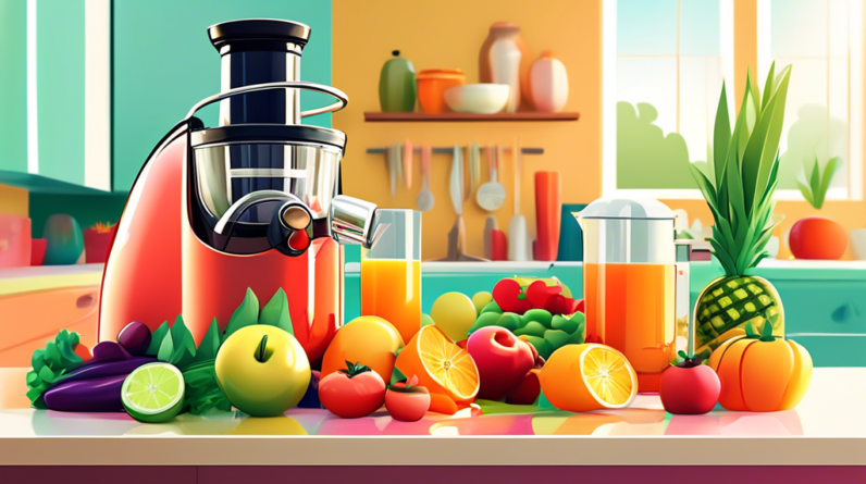 A shiny new whole fruit juicer overflowing with fresh, colorful fruits and vegetables on a sunny kitchen counter.