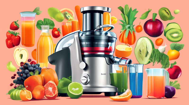 A sleek and modern Breville juicer overflowing with vibrant fruits and vegetables, with a shining Juice Fountain Elite label.