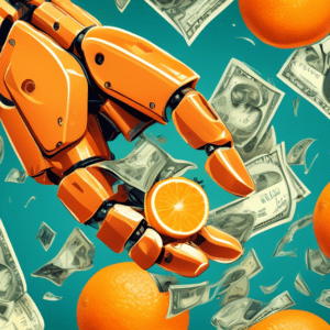 A robotic arm squeezing a juicy orange with dollar bills bursting out of the top.