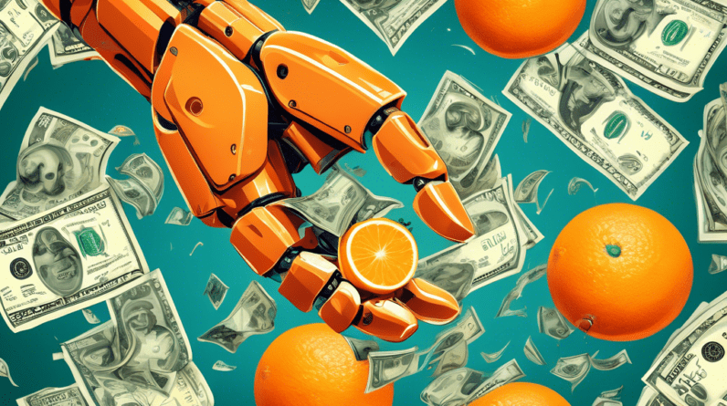 A robotic arm squeezing a juicy orange with dollar bills bursting out of the top.