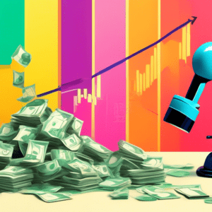 A robotic arm holding a juicer filled with money, set against a stock market graph background.