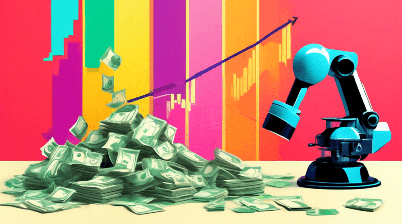 A robotic arm holding a juicer filled with money, set against a stock market graph background.