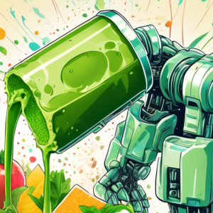 A robot hand squeezing a green juice box with $5.3M bursting out of the straw, against a background of stock market charts and graphs.