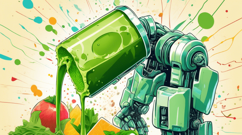 A robot hand squeezing a green juice box with $5.3M bursting out of the straw, against a background of stock market charts and graphs.