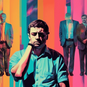 A man in handcuffs with a guilty expression, surrounded by distorted and glitching versions of famous Getty Images photographs.