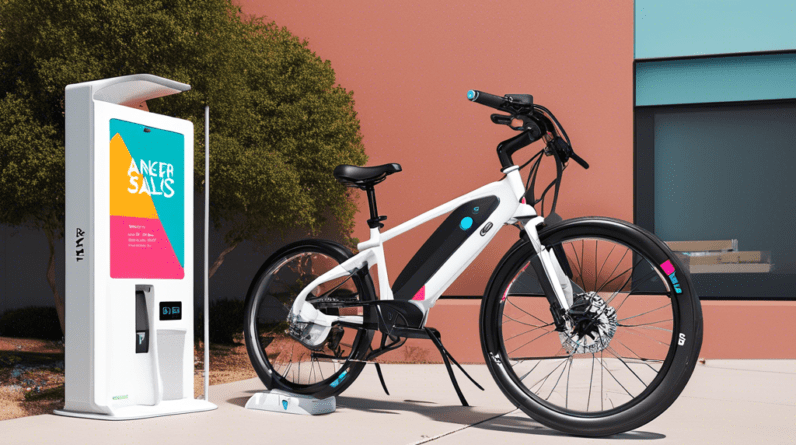 A sleek, modern e-bike parked next to a charging station with a bright sale sign that says Up to $725 Off and smaller print that says Anker SOLIX Deals and More.