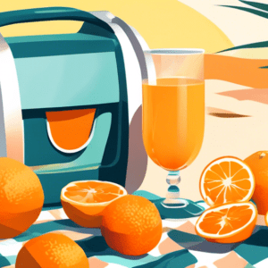 A sleek portable juicer sits on a picnic blanket with a basket of oranges and a chilled glass of orange juice in the background, sunny summer vibes.