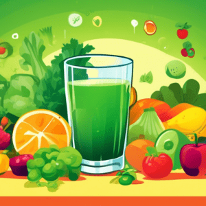 A vibrant green juice being squeezed into a glass, with a magnifying glass examining the nutritional content, surrounded by fruits and vegetables, with a thought bubble above showing a question mark.