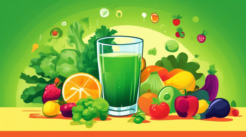 A vibrant green juice being squeezed into a glass, with a magnifying glass examining the nutritional content, surrounded by fruits and vegetables, with a thought bubble above showing a question mark.